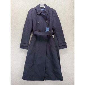 Cole Haan Long Trench Coat Womens 8 Navy Wool Blend Belted Double Breasted Warm